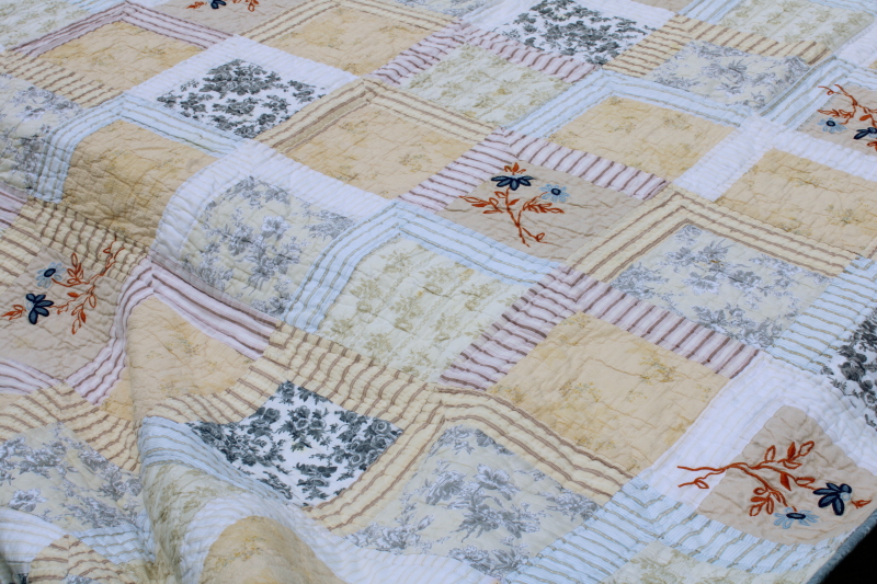 photo of vintage cotton patchwork quilt soft blue & yellow, stripes & prints Liz Claiborne Home  #11