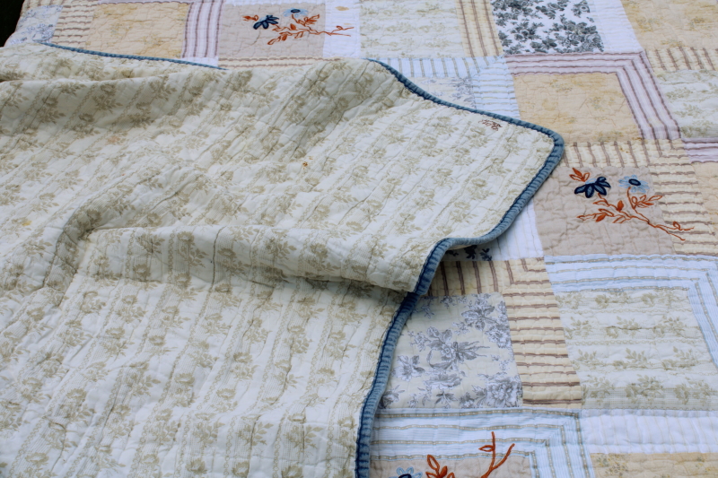 photo of vintage cotton patchwork quilt soft blue & yellow, stripes & prints Liz Claiborne Home  #12