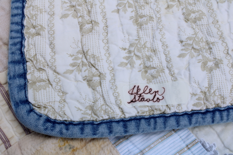 photo of vintage cotton patchwork quilt soft blue & yellow, stripes & prints Liz Claiborne Home  #13