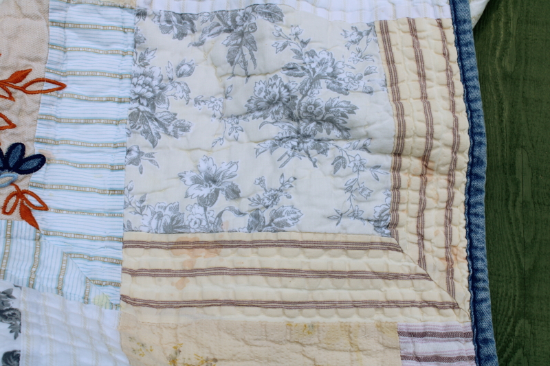 photo of vintage cotton patchwork quilt soft blue & yellow, stripes & prints Liz Claiborne Home  #14