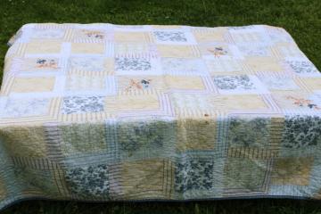 catalog photo of vintage cotton patchwork quilt soft blue & yellow, stripes & prints Liz Claiborne Home 