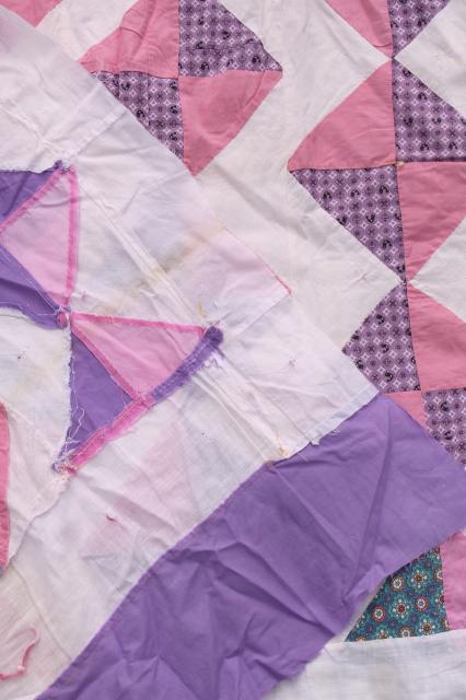 photo of vintage cotton patchwork quilt top, shabby chic pink & lavender prints #2