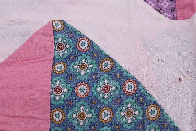 photo of vintage cotton patchwork quilt top, shabby chic pink & lavender prints #3