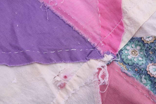 photo of vintage cotton patchwork quilt top, shabby chic pink & lavender prints #4