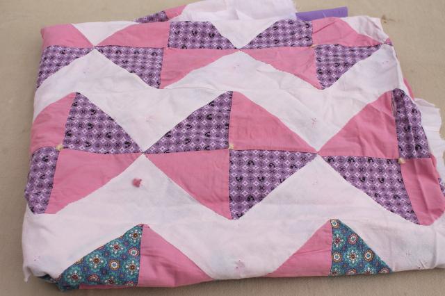 photo of vintage cotton patchwork quilt top, shabby chic pink & lavender prints #5