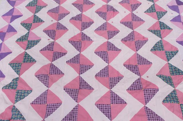 photo of vintage cotton patchwork quilt top, shabby chic pink & lavender prints #6