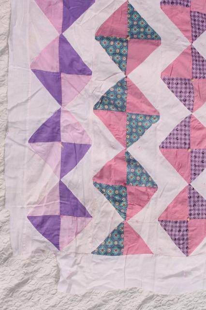 photo of vintage cotton patchwork quilt top, shabby chic pink & lavender prints #7