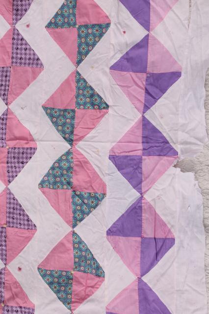 photo of vintage cotton patchwork quilt top, shabby chic pink & lavender prints #8