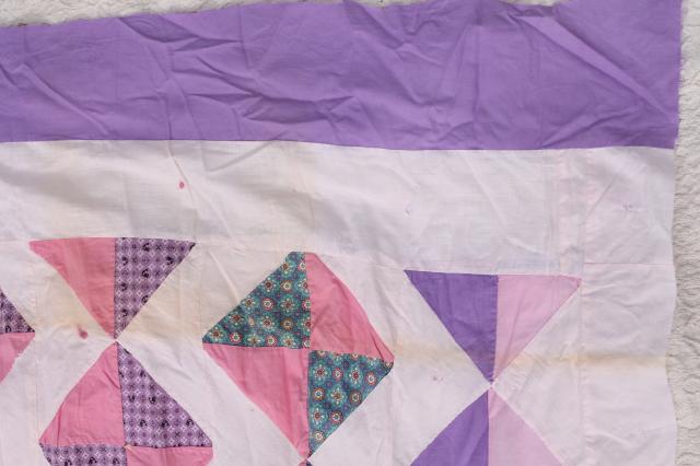 photo of vintage cotton patchwork quilt top, shabby chic pink & lavender prints #9