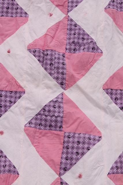 photo of vintage cotton patchwork quilt top, shabby chic pink & lavender prints #10