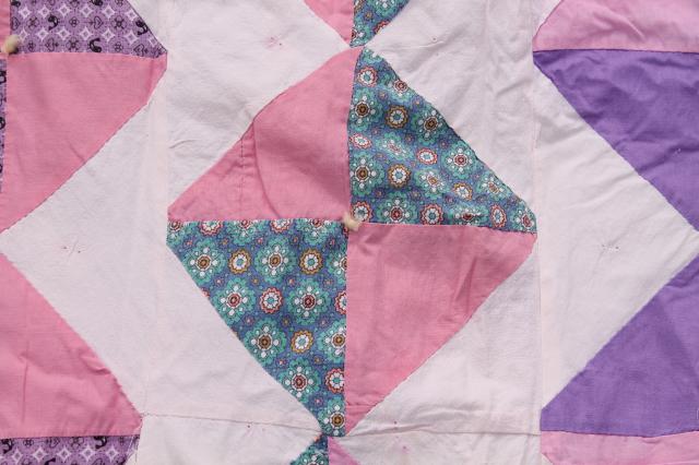 photo of vintage cotton patchwork quilt top, shabby chic pink & lavender prints #11