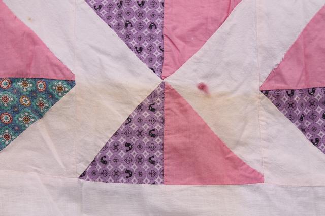 photo of vintage cotton patchwork quilt top, shabby chic pink & lavender prints #12