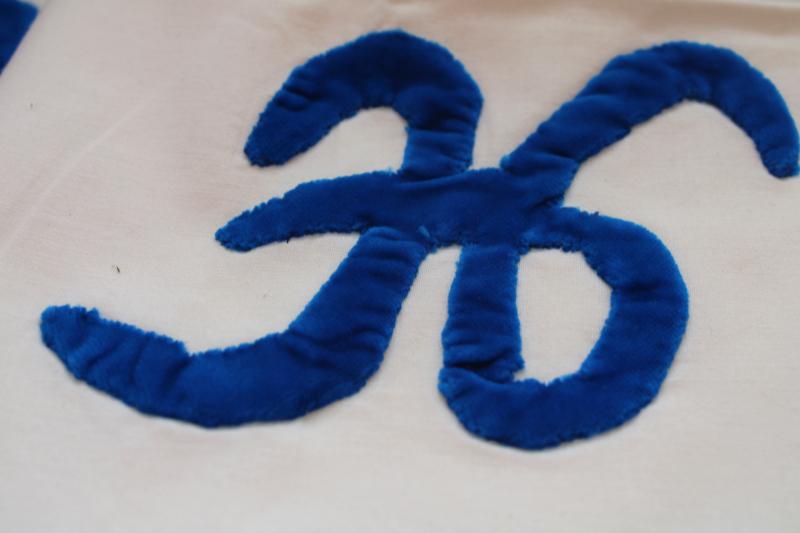 photo of vintage cotton pillowcases w/ crochet lace edging, blue velvet H monogram #2