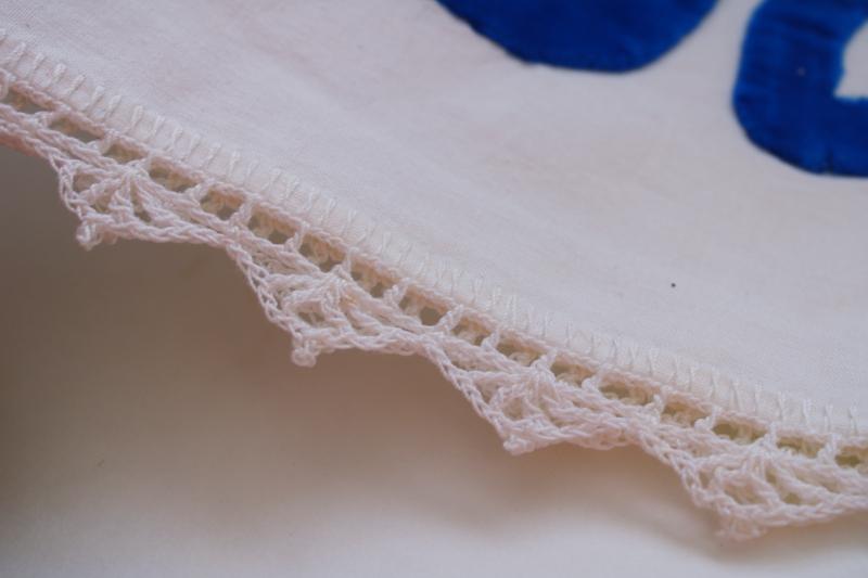 photo of vintage cotton pillowcases w/ crochet lace edging, blue velvet H monogram #3