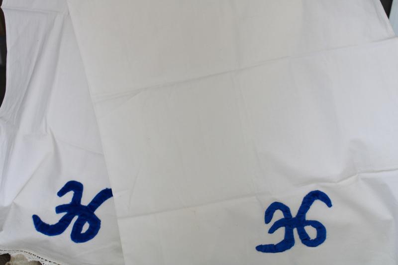 photo of vintage cotton pillowcases w/ crochet lace edging, blue velvet H monogram #6