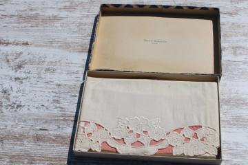 catalog photo of vintage cotton pillowcases w/ cutwork embroidery, original department store gift box J L Hudson Detroit 