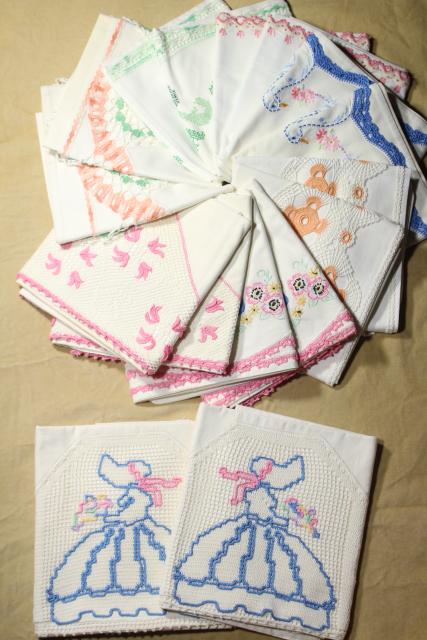 photo of vintage cotton pillowcases w/ embroidery and crochet lace edgings, embroidered fancywork #1