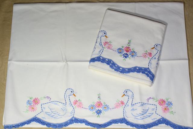 photo of vintage cotton pillowcases w/ embroidery and crochet lace edgings, embroidered fancywork #3