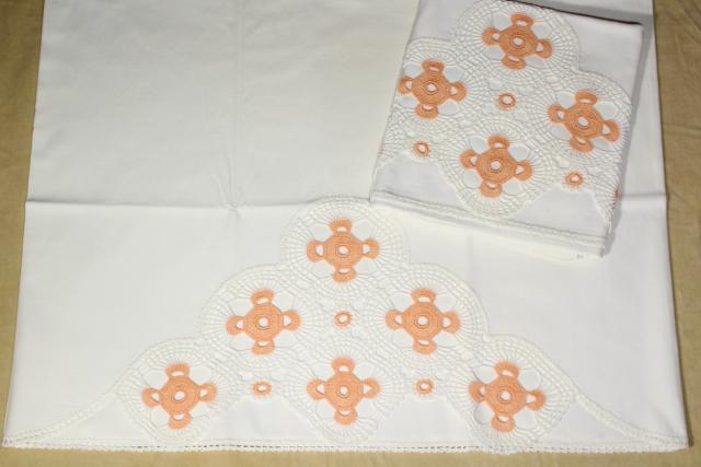 photo of vintage cotton pillowcases w/ embroidery and crochet lace edgings, embroidered fancywork #5