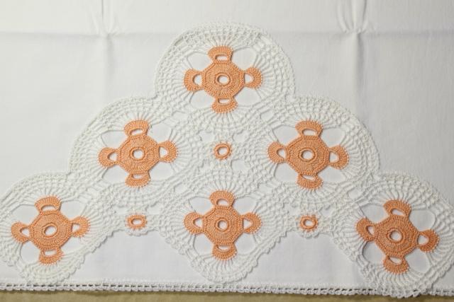 photo of vintage cotton pillowcases w/ embroidery and crochet lace edgings, embroidered fancywork #6