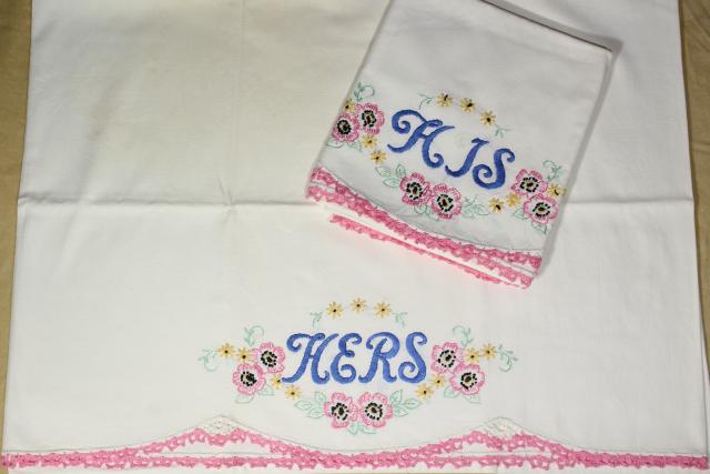 photo of vintage cotton pillowcases w/ embroidery and crochet lace edgings, embroidered fancywork #7