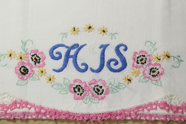 photo of vintage cotton pillowcases w/ embroidery and crochet lace edgings, embroidered fancywork #8