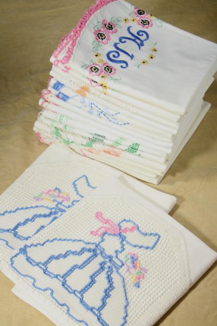 photo of vintage cotton pillowcases w/ embroidery and crochet lace edgings, embroidered fancywork #11