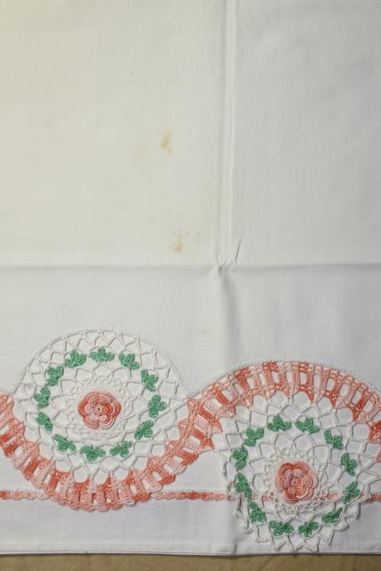 photo of vintage cotton pillowcases w/ embroidery and crochet lace edgings, embroidered fancywork #15