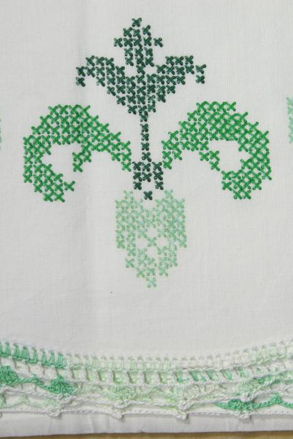 photo of vintage cotton pillowcases w/ embroidery and crochet lace edgings, embroidered fancywork #17