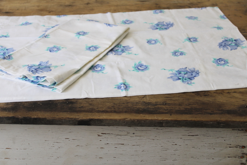 photo of vintage cotton pillowcases pair, blue roses floral print bedding cottage chic #1