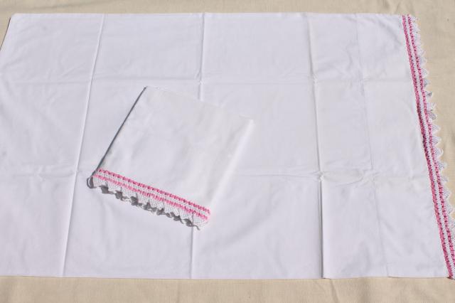 photo of vintage cotton pillowcases w/ pink thread edgings, crochet & knitted lace borders #2