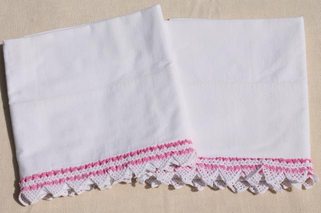 photo of vintage cotton pillowcases w/ pink thread edgings, crochet & knitted lace borders #4