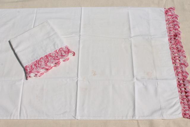 photo of vintage cotton pillowcases w/ pink thread edgings, crochet & knitted lace borders #5