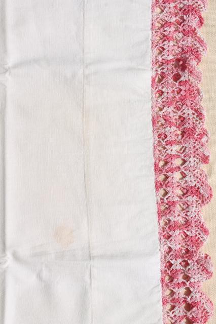 photo of vintage cotton pillowcases w/ pink thread edgings, crochet & knitted lace borders #6