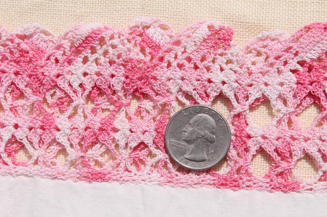 photo of vintage cotton pillowcases w/ pink thread edgings, crochet & knitted lace borders #7