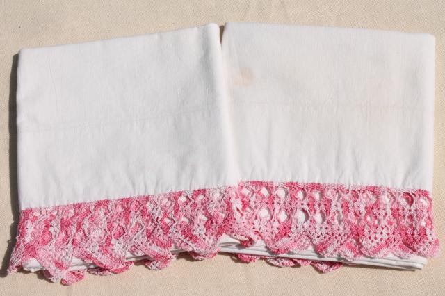 photo of vintage cotton pillowcases w/ pink thread edgings, crochet & knitted lace borders #8