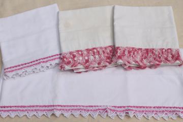 catalog photo of vintage cotton pillowcases w/ pink thread edgings, crochet & knitted lace borders