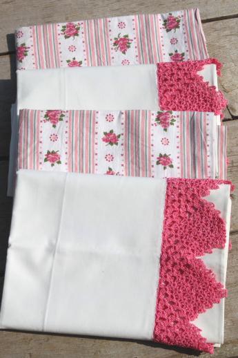 photo of vintage cotton pillowcases w/ print borders & feed sack fabric trims, shabby cottage bedding lot #7