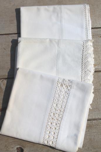 photo of vintage cotton pillowcases w/ print borders & feed sack fabric trims, shabby cottage bedding lot #8