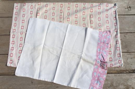 photo of vintage cotton pillowcases w/ print borders & feed sack fabric trims, shabby cottage bedding lot #9