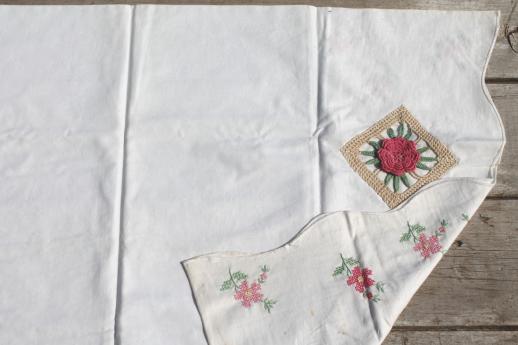 photo of vintage cotton pillowcases w/ print borders & feed sack fabric trims, shabby cottage bedding lot #11