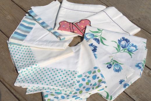 photo of vintage cotton pillowcases w/ print borders &feed sack fabric trims, shabby cottage bedding lot #3