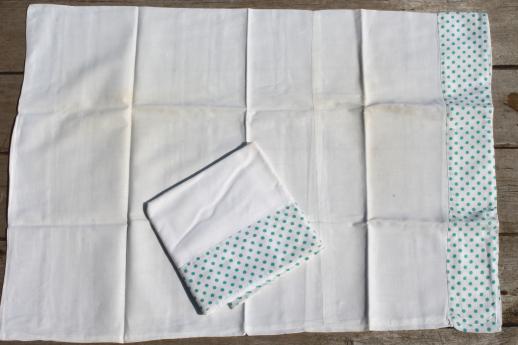 photo of vintage cotton pillowcases w/ print borders &feed sack fabric trims, shabby cottage bedding lot #7