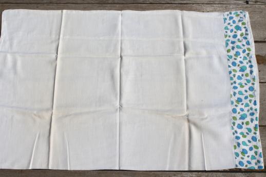 photo of vintage cotton pillowcases w/ print borders &feed sack fabric trims, shabby cottage bedding lot #8