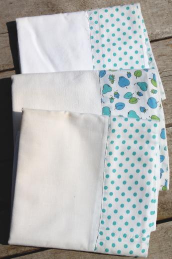 photo of vintage cotton pillowcases w/ print borders &feed sack fabric trims, shabby cottage bedding lot #9