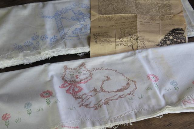 photo of vintage cotton pillowcases stamped for embroidery, girl in arbor & cats novelty designs #1