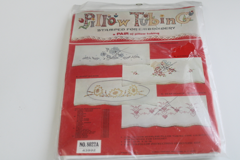 photo of vintage cotton pillowcases stamped for embroidery, sealed package linens to embroider  #1