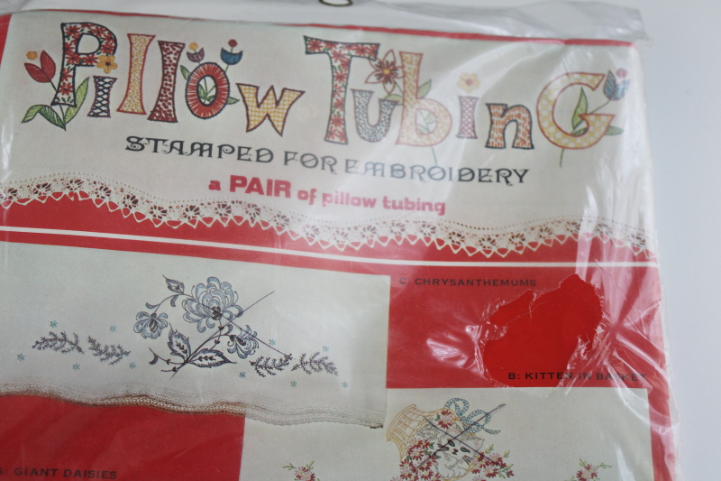 photo of vintage cotton pillowcases stamped for embroidery, sealed package linens to embroider  #3