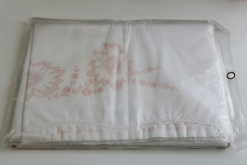 photo of vintage cotton pillowcases stamped for embroidery, sealed package linens to embroider  #4