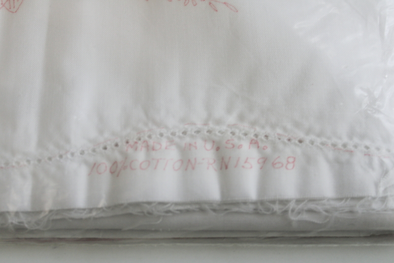 photo of vintage cotton pillowcases stamped for embroidery, sealed package linens to embroider  #5